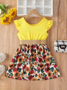 婴儿向日葵印花荷叶边袖连衣裙（无腰带） - 彩色 - 查看 2