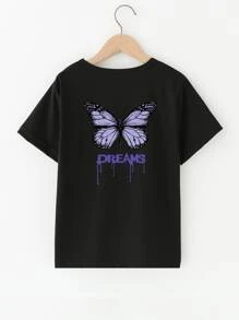 SHEIN Tween Girl 1 Áo Thời Trang Bướm Tím In Chữ Thời Trang Cổ Tròn Ngắn Tay Màu Đen - màu đen - Xem 1