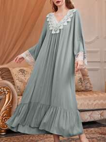 PalaceNights 凸纹蕾丝荷叶边下摆睡衣长裙、奢华家居服、Moo Moo 睡裙、秋季 - 薄荷綠 - 查看 1