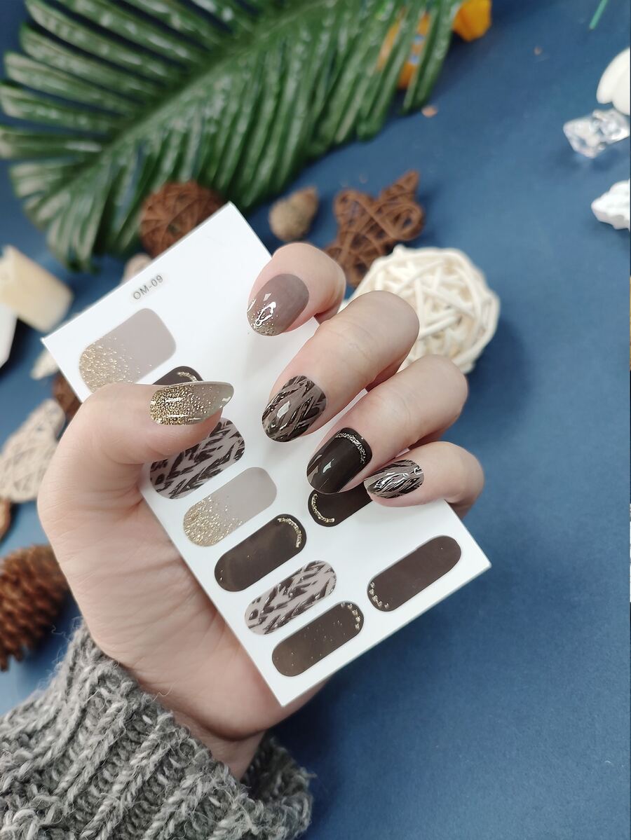 1sheet Glitter Nail Art Sticker & 1pc Nail File - Gold - View 1