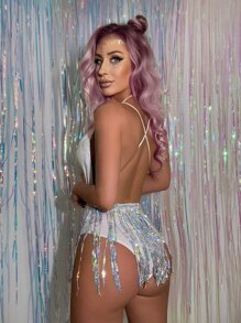 Swim EVENT Summer Sequin Fringe Hem One Piece Swimsuit - White - View 2