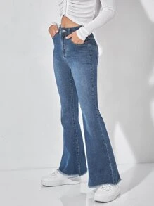 SHEIN PETITE 高腰毛邊牛仔喇叭褲 - 深色水洗藍 - 查看 3