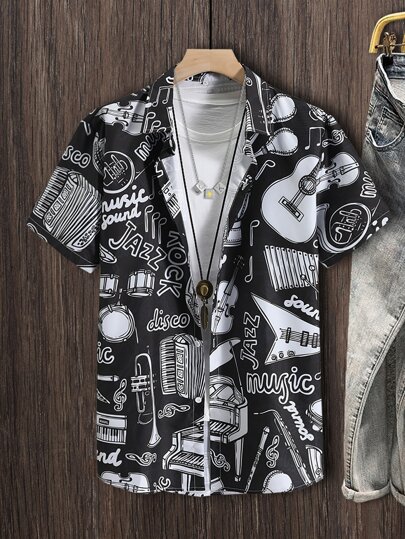1 pezzo Uomo Camicia a bottoni con grafica a lettere di strumenti musicali casuali, abbigliamento retrò per musica elettronica