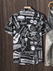 Manfinity Homme Men 1Pc Random Musical Instrument Letter Graphic Button Up Shirt, Vintage Music Rave - Black and White - View 2