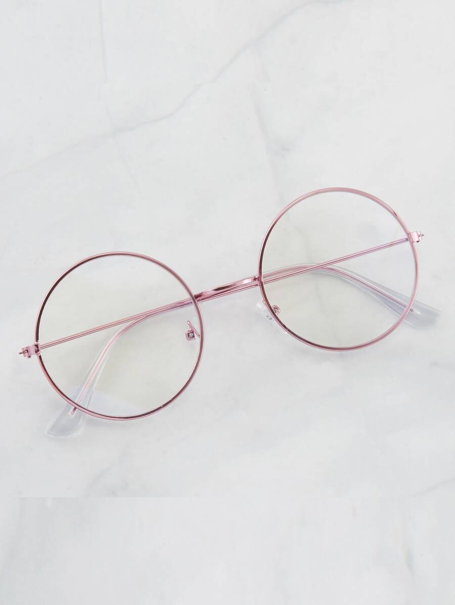 圆形金属框架透明镜片眼镜 - 轻巧可爱 - 粉色 - 查看 1