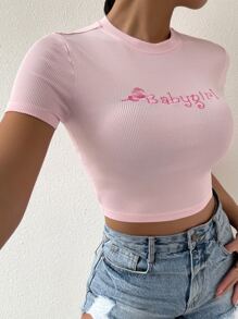 Flirla Letter & Butterfly Embroidery Crop Tee Babygirl - Baby Pink - View 1