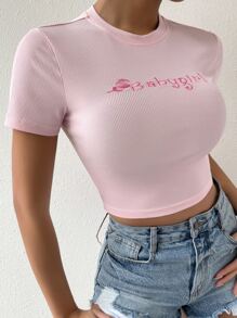 Flirla Letter & Butterfly Embroidery Crop Tee Babygirl - Baby Pink - View 3