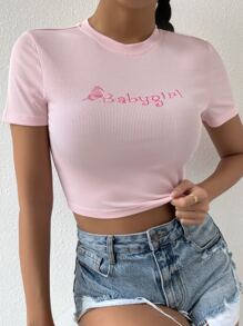 Flirla Letter & Butterfly Embroidery Crop Tee Babygirl - Baby Pink - View 4