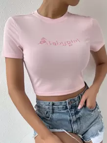 Flirla Letter & Butterfly Embroidery Crop Tee Babygirl - Baby Pink - View 5