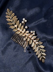 Faux Pearl & Leaf Decor Bridal Hair Comb - Gold - View 1