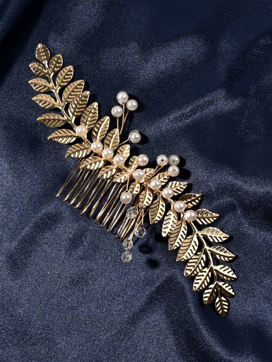 Faux Pearl & Leaf Decor Bridal Hair Comb - Gold - View 1