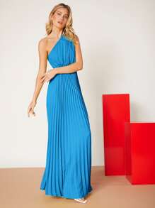 SHEIN Privé One Shoulder Solid Pleated Dress - Blue - View 3