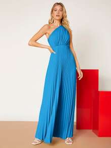 SHEIN Privé One Shoulder Solid Pleated Dress - Blue - View 4