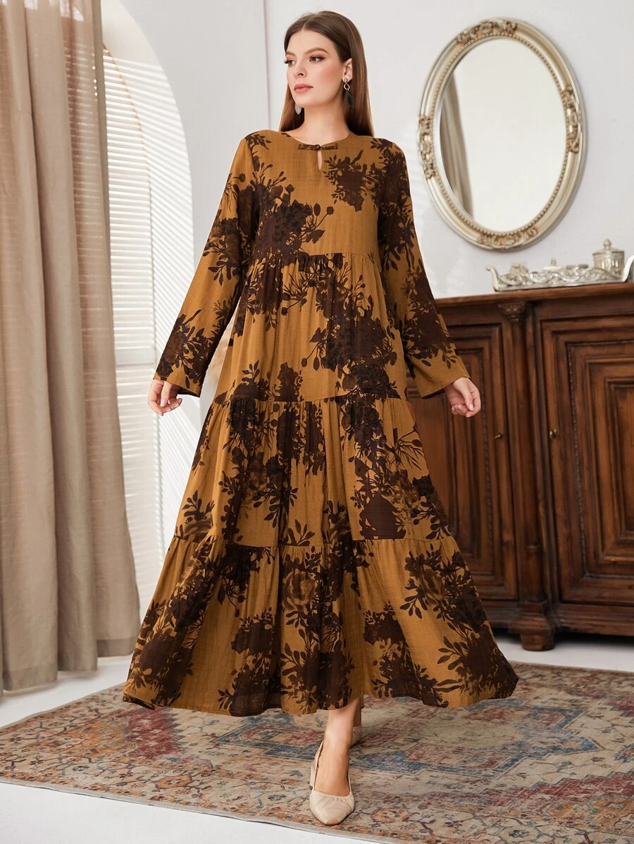 Mulvari 花卉印花锁孔领荷叶边下摆罩衫端庄长袖连衣裙 - 棕色 - 查看 1