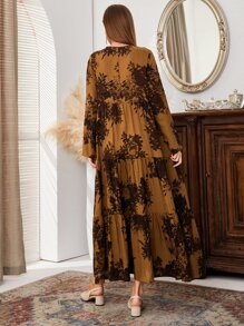 Mulvari 花卉印花锁孔领荷叶边下摆罩衫端庄长袖连衣裙 - 棕色 - 查看 2