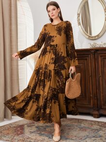 Mulvari 花卉印花锁孔领荷叶边下摆罩衫端庄长袖连衣裙 - 棕色 - 查看 4