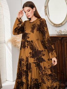 Mulvari 花卉印花锁孔领荷叶边下摆罩衫端庄长袖连衣裙 - 棕色 - 查看 5