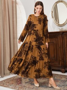 Mulvari 花卉印花锁孔领荷叶边下摆罩衫端庄长袖连衣裙 - 棕色 - 查看 6