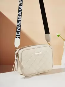 Waterproof,Lightweight,Business Casual Mini Metal & Tassel Decor Quilted Detail Square Bag For Teen Girls Women College Students,Rookies & White-collar Workers Perfect for Office,College,Work ,Business,Commute - Beige - View 1