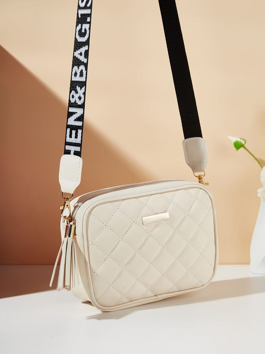 Waterproof,Lightweight,Business Casual Mini Metal & Tassel Decor Quilted Detail Square Bag For Teen Girls Women College Students,Rookies & White-collar Workers Perfect for Office,College,Work ,Business,Commute - Beige - View 1