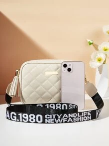 Waterproof,Lightweight,Business Casual Mini Metal & Tassel Decor Quilted Detail Square Bag For Teen Girls Women College Students,Rookies & White-collar Workers Perfect for Office,College,Work ,Business,Commute - Beige - View 2