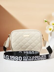 Waterproof,Lightweight,Business Casual Mini Metal & Tassel Decor Quilted Detail Square Bag For Teen Girls Women College Students,Rookies & White-collar Workers Perfect for Office,College,Work ,Business,Commute - Beige - View 4