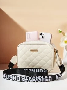 Waterproof,Lightweight,Business Casual Mini Metal & Tassel Decor Quilted Detail Square Bag For Teen Girls Women College Students,Rookies & White-collar Workers Perfect for Office,College,Work ,Business,Commute - Beige - View 5