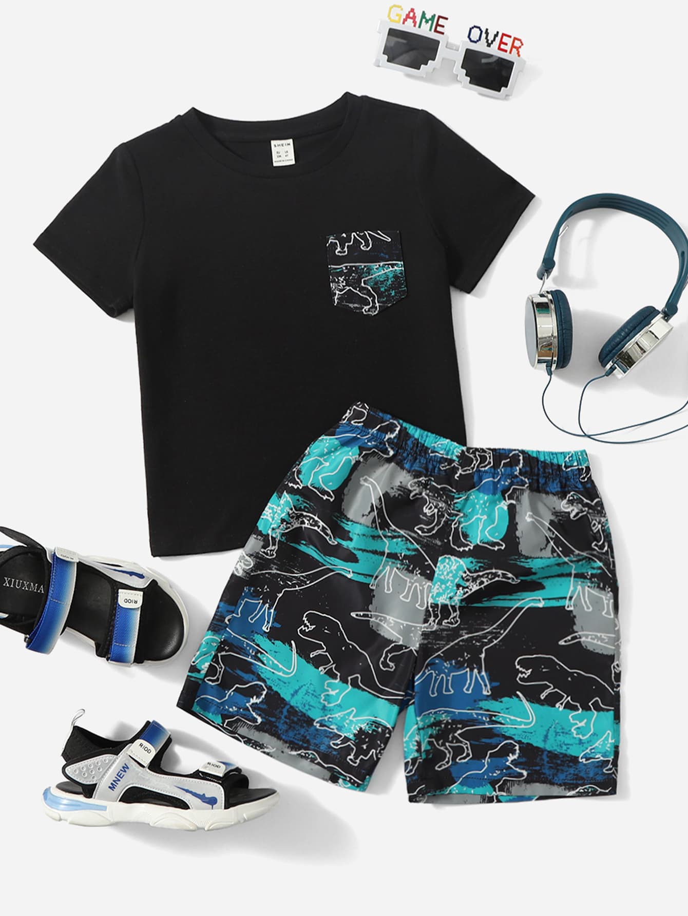 SHEIN Young Boy Dinosaur Print Tee & Shorts Set