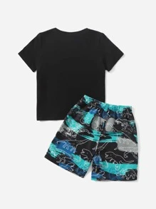 SHEIN Young Boy Dinosaur Print Tee & Shorts Set