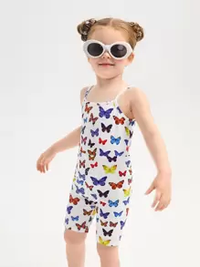 SHEIN 小女童蝴蝶圖案吊帶連體短褲 - 彩色 - 查看 1