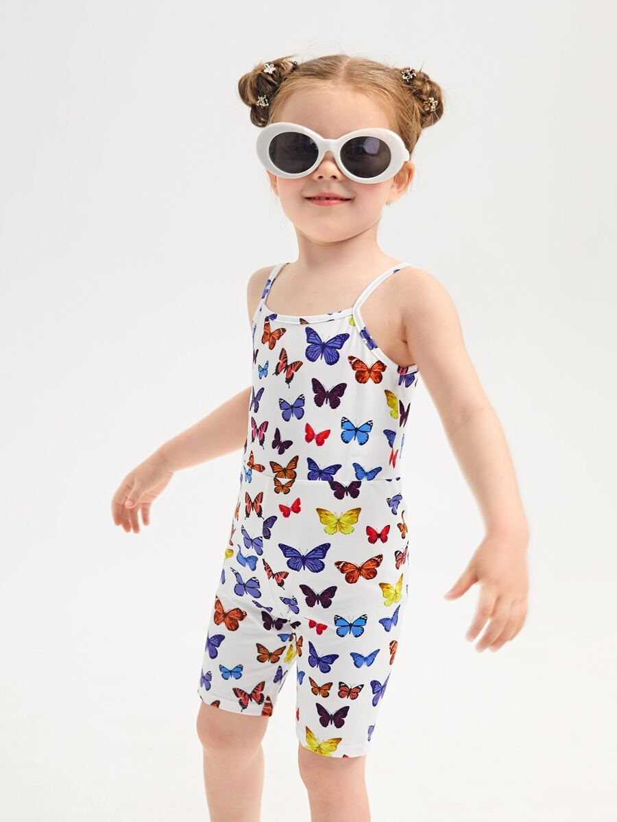 SHEIN 小女童蝴蝶圖案吊帶連體短褲 - 彩色 - 查看 1