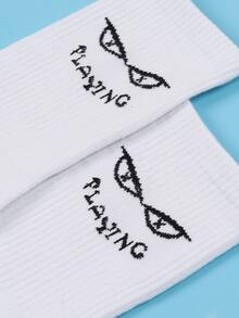 男士字母圖案中筒襪 - 白色 - 查看 3