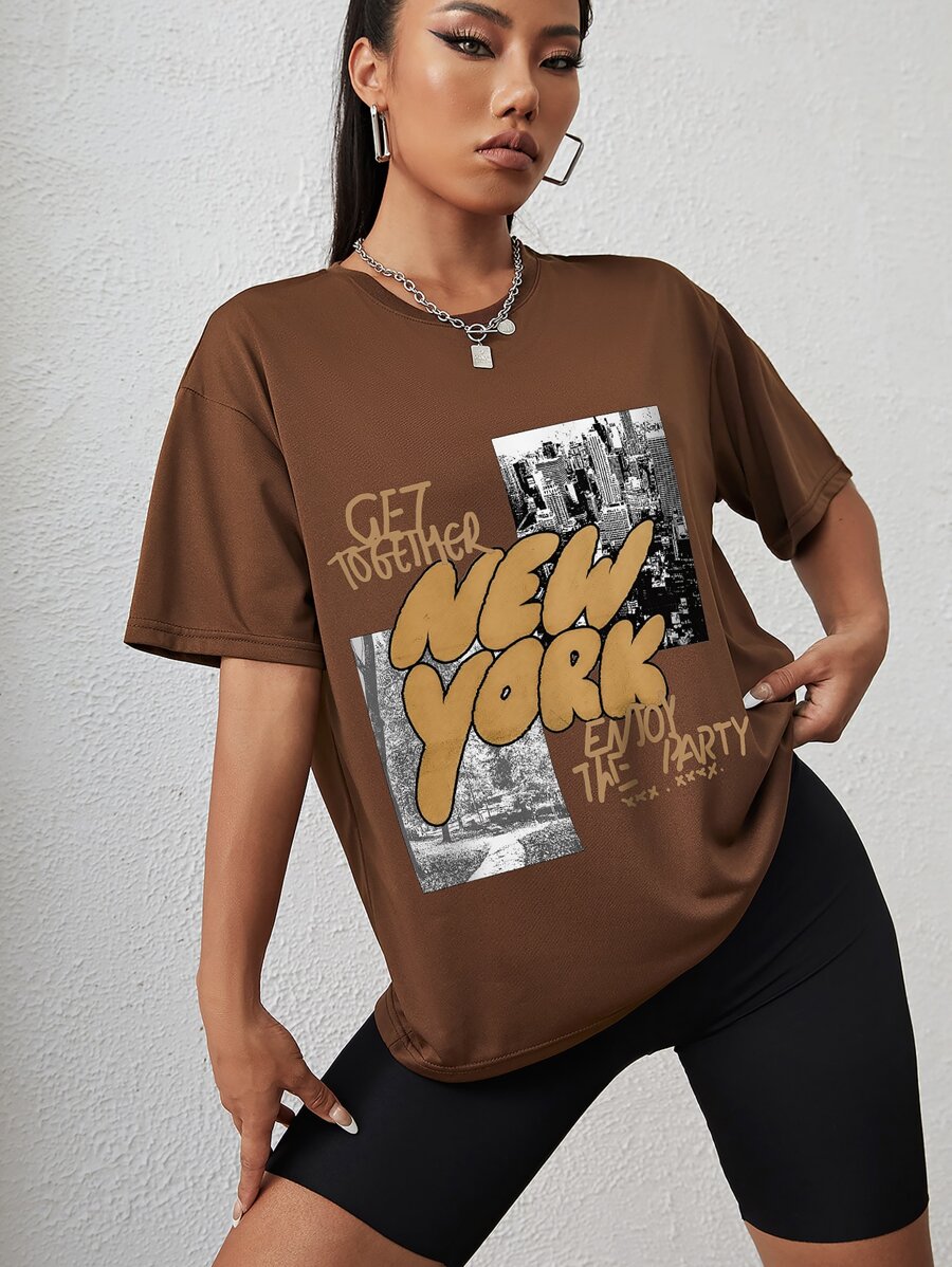 INAWLY 标语和建筑印花落肩 T 恤 相聚纽约 享受派对 - 咖啡棕 - 查看 1