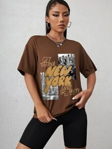 INAWLY 标语和建筑印花落肩 T 恤 相聚纽约 享受派对 - 咖啡棕 - 查看 3