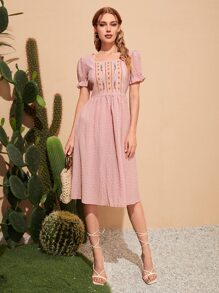 SHEIN VCAY Floral Embroidered Puff Sleeve Square Neck Dress - Dusty Pink - View 4