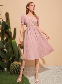 SHEIN VCAY Floral Embroidered Puff Sleeve Square Neck Dress - Dusty Pink - View 5