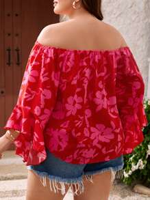 SHEIN VCAY 大碼印花一字肩打褶荷葉袖襯衫 - 紅色 - 查看 2