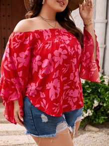 SHEIN VCAY 大碼印花一字肩打褶荷葉袖襯衫 - 紅色 - 查看 4