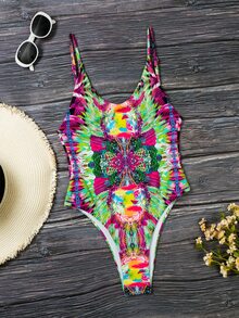 Allover Print Backless One-Piece Swimsuit, For Summer Beach Vacation - Red Violet - View 7