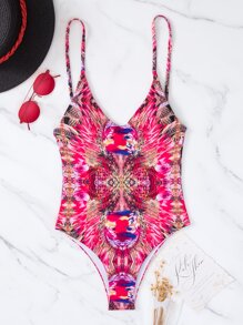 Allover Print Backless One Piece Swimsuit, For Summer Beach Vacation - Pink - View 4