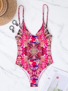 Allover Print Backless One Piece Swimsuit, For Summer Beach Vacation - Pink - View 5
