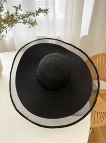 Mesh Panel Straw Hat Boho - Black - View 2