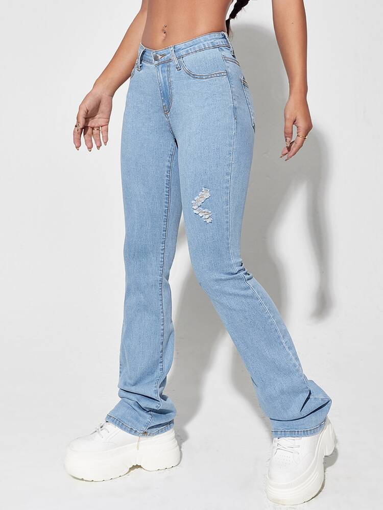 Solid Ripped Flare Leg Jeans - Light Wash - View 1