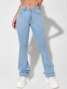 Jeans de pierna amplia unicolor desgarro - Lavado ligero - Ver 4