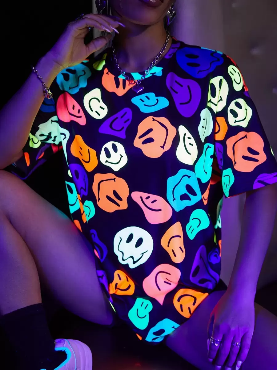 Lunelith SHEIN Lunessa Summer Reflective Expression Print Drop Shoulder Tee, Neon Glow Party Outfit Graphic Tees Women Tops