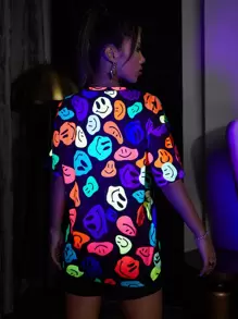 Lunelith SHEIN Lunessa Summer Reflective Expression Print Drop Shoulder Tee, Neon Glow Party Outfit Graphic Tees Women Tops