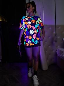 Lunelith SHEIN Lunessa Summer Reflective Expression Print Drop Shoulder Tee, Neon Glow Party Outfit Graphic Tees Women Tops