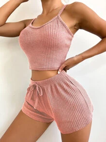 罗纹针织吊带上衣和系带短裤休闲套装 - 藕粉色 - 查看 5