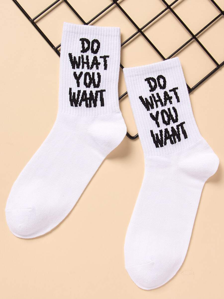 Men Slogan Graphic Crew Socks - White - View 1