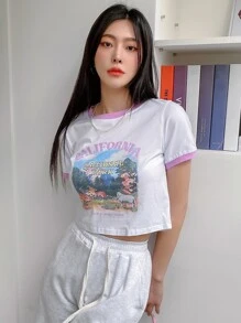 DAZY 風景和字母圖案拼接邊T恤 - 白色 - 查看 7